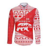Georgia Christmas Long Sleeve Button Shirt with Bear Mountains Forest Pattern and Traditional Georgian Design - Wonder Print Shop