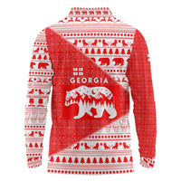 Georgia Christmas Long Sleeve Polo Shirt with Bear Mountains Forest Pattern and Traditional Georgian Design - Wonder Print Shop