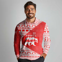 Georgia Christmas Long Sleeve Polo Shirt with Bear Mountains Forest Pattern and Traditional Georgian Design - Wonder Print Shop