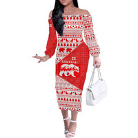 Georgia Christmas Off The Shoulder Long Sleeve Dress with Bear Mountains Forest Pattern and Traditional Georgian Design - Wonder Print Shop