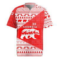 Georgia Christmas Rugby Jersey with Bear Mountains Forest Pattern and Traditional Georgian Design - Wonder Print Shop