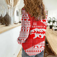 Georgia Christmas Women Casual Shirt with Bear Mountains Forest Pattern and Traditional Georgian Design - Wonder Print Shop