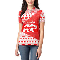 Georgia Christmas Women Polo Shirt with Bear Mountains Forest Pattern and Traditional Georgian Design - Wonder Print Shop