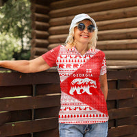 Georgia Christmas Women Polo Shirt with Bear Mountains Forest Pattern and Traditional Georgian Design - Wonder Print Shop