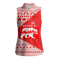 Georgia Christmas Women Sleeveless Polo Shirt with Bear Mountains Forest Pattern and Traditional Georgian Design - Wonder Print Shop