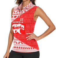 Georgia Christmas Women Sleeveless Polo Shirt with Bear Mountains Forest Pattern and Traditional Georgian Design - Wonder Print Shop
