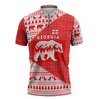 Georgia Christmas Zipper Polo Shirt with Bear Mountains Forest Pattern and Traditional Georgian Design - Wonder Print Shop