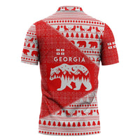 Georgia Christmas Zipper Polo Shirt with Bear Mountains Forest Pattern and Traditional Georgian Design - Wonder Print Shop