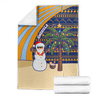 Anguilla Christmas Blanket with Snowman Palm Tree Ornaments Coconut Drink and Island Pattern Design - Wonder Print Shop