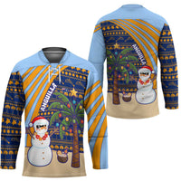 Anguilla Christmas Hockey Jersey with Snowman Palm Tree Ornaments Coconut Drink and Island Pattern Design - Wonder Print Shop