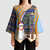 Anguilla Christmas Kimono Sleeve Blouse with Snowman Palm Tree Ornaments Coconut Drink and Island Pattern Design - Wonder Print Shop
