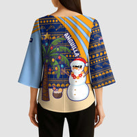 Anguilla Christmas Kimono Sleeve Blouse with Snowman Palm Tree Ornaments Coconut Drink and Island Pattern Design - Wonder Print Shop