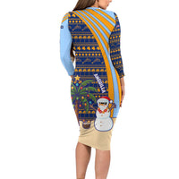 Anguilla Christmas Long Sleeve Bodycon Dress with Snowman Palm Tree Ornaments Coconut Drink and Island Pattern Design - Wonder Print Shop