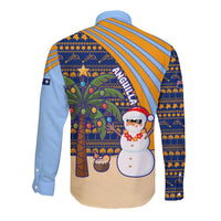 Anguilla Christmas Long Sleeve Button Shirt with Snowman Palm Tree Ornaments Coconut Drink and Island Pattern Design - Wonder Print Shop