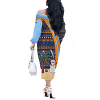 Anguilla Christmas Off The Shoulder Long Sleeve Dress with Snowman Palm Tree Ornaments Coconut Drink and Island Pattern Design - Wonder Print Shop