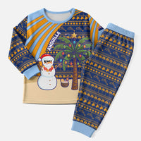 Anguilla Christmas Pajama Set with Snowman Palm Tree Ornaments Coconut Drink and Island Pattern Design - Wonder Print Shop