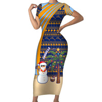 Anguilla Christmas Short Sleeve Bodycon Dress with Snowman Palm Tree Ornaments Coconut Drink and Island Pattern Design - Wonder Print Shop