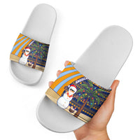 Anguilla Christmas Slide Sandals with Snowman Palm Tree Ornaments Coconut Drink and Island Pattern Design - Wonder Print Shop