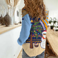 Anguilla Christmas Women Casual Shirt with Snowman Palm Tree Ornaments Coconut Drink and Island Pattern Design - Wonder Print Shop