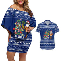 Anguilla Christmas Couples Matching Off Shoulder Short Dress and Hawaiian Shirt with Santa Pineapple Floral Tree Island Crest and Tropical Pattern Design - Wonder Print Shop