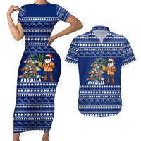 Anguilla Christmas Couples Matching Short Sleeve Bodycon Dress and Hawaiian Shirt with Santa Pineapple Floral Tree Island Crest and Tropical Pattern Design - Wonder Print Shop