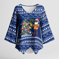 Anguilla Christmas Kimono Sleeve Blouse with Santa Pineapple Floral Tree Island Crest and Tropical Pattern Design - Wonder Print Shop
