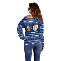Anguilla Christmas Off Shoulder Sweater with Santa Pineapple Floral Tree Island Crest and Tropical Pattern Design - Wonder Print Shop