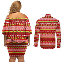 Avo Merry Christmas Couples Matching Off Shoulder Short Dress and Long Sleeve Button Shirt Xmas Holiday Patterns - Wonder Print Shop