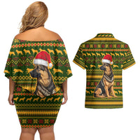 Awesome German Shepherd Dog Santa Claus Christmas Couples Matching Off Shoulder Short Dress and Hawaiian Shirt Xmas Holiday Patterns - Wonder Print Shop
