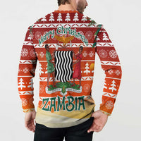 Zambia Christmas Button Sweatshirt with African Animals Tree Snowflakes and National Emblem Design - Wonder Print Shop