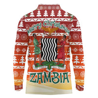 Zambia Christmas Long Sleeve Polo Shirt with African Animals Tree Snowflakes and National Emblem Design - Wonder Print Shop