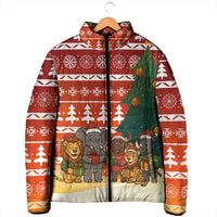 Zambia Christmas Padded Jacket with African Animals Tree Snowflakes and National Emblem Design - Wonder Print Shop