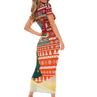 Zambia Christmas Short Sleeve Bodycon Dress with African Animals Tree Snowflakes and National Emblem Design - Wonder Print Shop