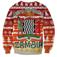 Zambia Christmas Sweatshirt with African Animals Tree Snowflakes and National Emblem Design - Wonder Print Shop