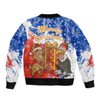 Chile Christmas Bomber Jacket with Flag Colors Tree Reindeer Condor and Gift Design - Wonder Print Shop