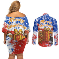 Chile Christmas Couples Matching Off Shoulder Short Dress and Long Sleeve Button Shirt with Flag Colors Tree Reindeer Condor and Gift Design - Wonder Print Shop