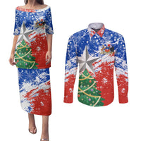 Chile Christmas Couples Matching Puletasi and Long Sleeve Button Shirt with Flag Colors Tree Reindeer Condor and Gift Design - Wonder Print Shop