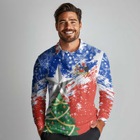 Chile Christmas Long Sleeve Polo Shirt with Flag Colors Tree Reindeer Condor and Gift Design - Wonder Print Shop
