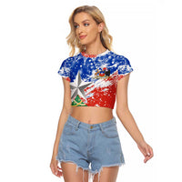 Chile Christmas Raglan Cropped T Shirt with Flag Colors Tree Reindeer Condor and Gift Design - Wonder Print Shop