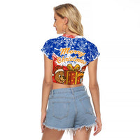 Chile Christmas Raglan Cropped T Shirt with Flag Colors Tree Reindeer Condor and Gift Design - Wonder Print Shop