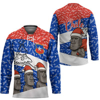 Chile Christmas Hockey Jersey with Moai Statues Santa Hats Snowflakes and Flag Colors Design - Wonder Print Shop