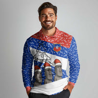 Chile Christmas Long Sleeve Polo Shirt with Moai Statues Santa Hats Snowflakes and Flag Colors Design - Wonder Print Shop