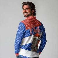 Chile Christmas Long Sleeve Polo Shirt with Moai Statues Santa Hats Snowflakes and Flag Colors Design - Wonder Print Shop