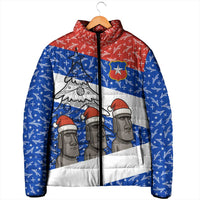Chile Christmas Padded Jacket with Moai Statues Santa Hats Snowflakes and Flag Colors Design - Wonder Print Shop