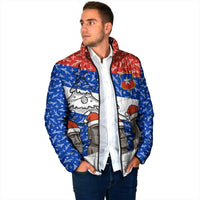 Chile Christmas Padded Jacket with Moai Statues Santa Hats Snowflakes and Flag Colors Design - Wonder Print Shop