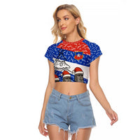 Chile Christmas Raglan Cropped T Shirt with Moai Statues Santa Hats Snowflakes and Flag Colors Design - Wonder Print Shop