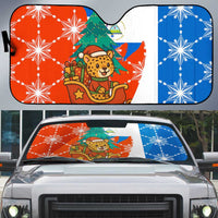 Nicaragua Christmas Auto Sun Shade with Jaguar in Sleigh Christmas Tree Snowflakes and Flag Colors Design - Wonder Print Shop