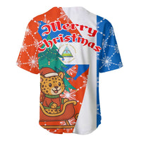Nicaragua Christmas Baseball Jersey with Jaguar in Sleigh Christmas Tree Snowflakes and Flag Colors Design - Wonder Print Shop