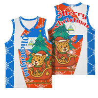 Nicaragua Christmas Basketball Jersey with Jaguar in Sleigh Christmas Tree Snowflakes and Flag Colors Design - Wonder Print Shop