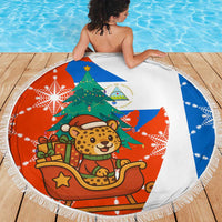 Nicaragua Christmas Beach Blanket with Jaguar in Sleigh Christmas Tree Snowflakes and Flag Colors Design - Wonder Print Shop